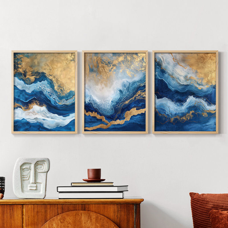 Abstract  Series  CXL  -Set Of 3 Framed Giclee Prints -Ready to Hang, 10" H x 8" W, Natural Framed