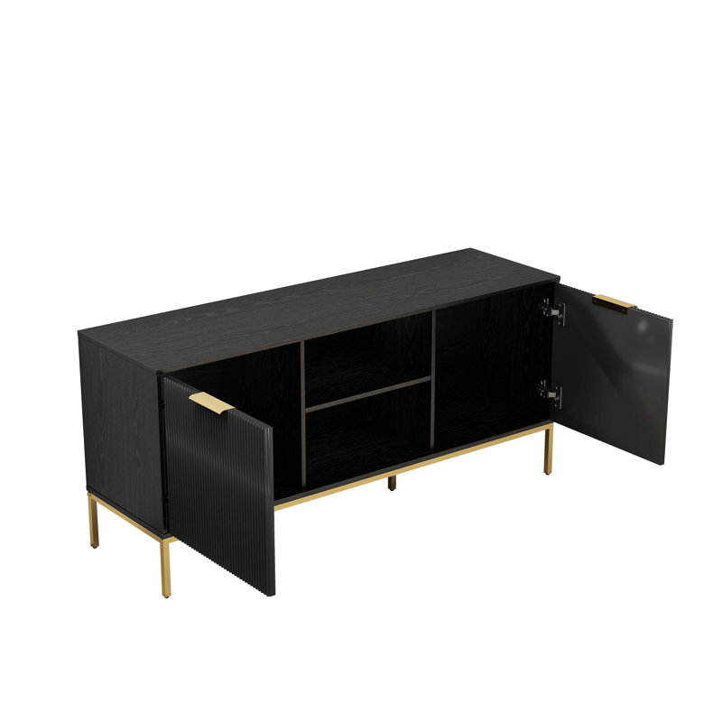 Meuble télé moderne avec portes ondulées et charnières à fermeture en douceur pour le rangement dans le salon et l'organisation des médias.