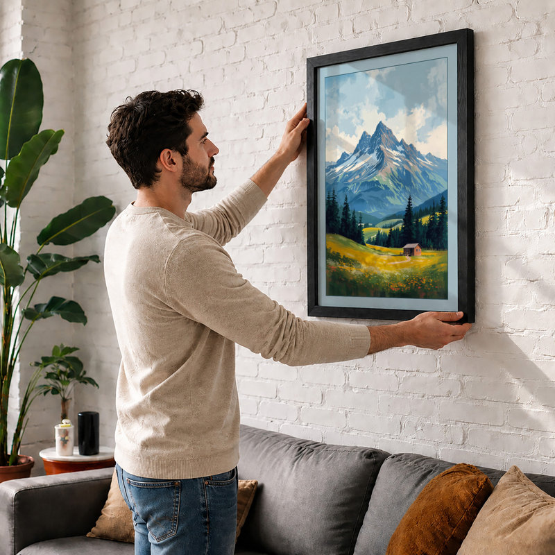 Mountain at Sunrise Rustic - Framed Print, A2 - 59.4 x 42.0 cm, Walnut