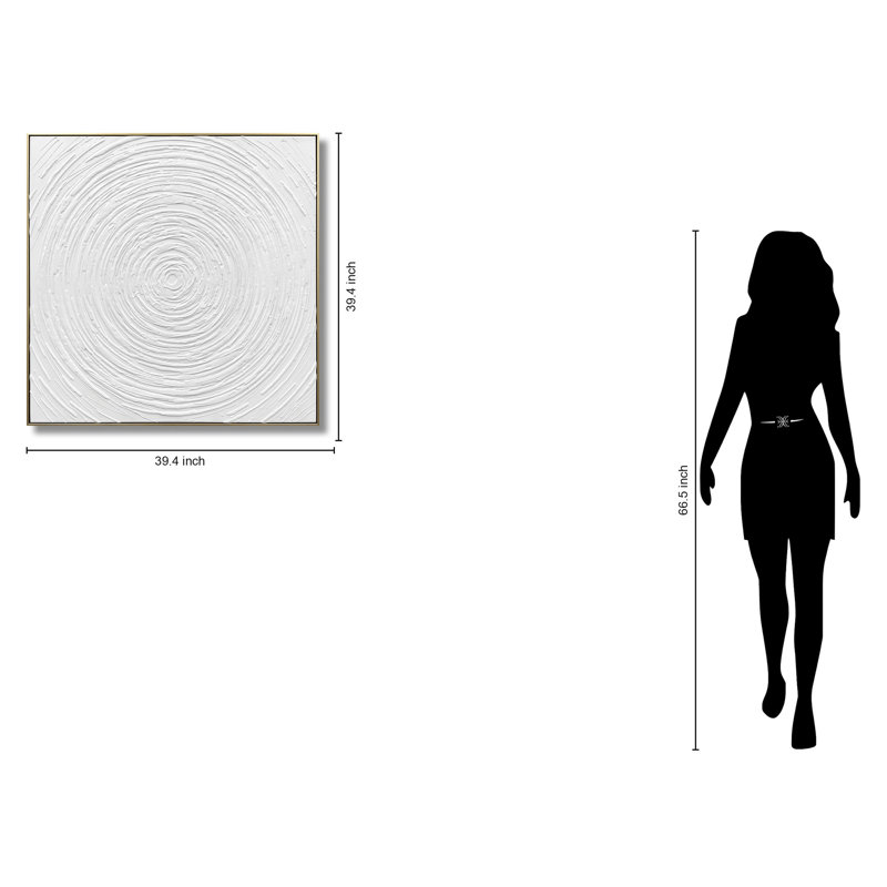 Art mural en toile White Radiance: Cercles concentriques texturés - 39 po x 39 po - cadre doré