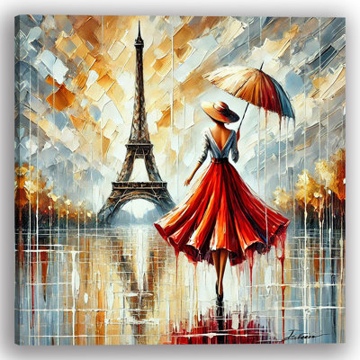 Elegant Parisian Stroll in the Rain Wrapped Canvas Wall Art