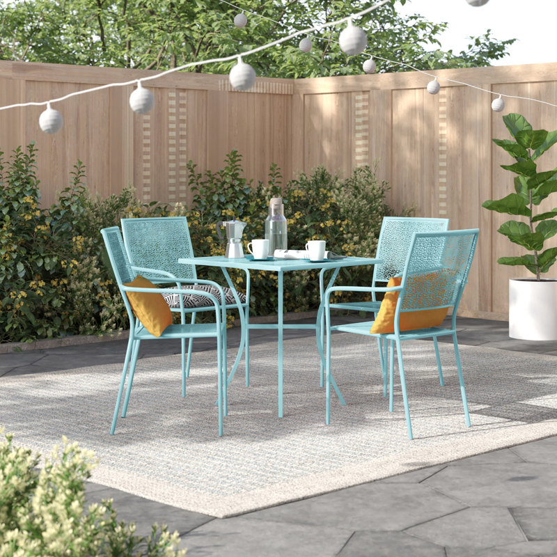 Meranda Commercial Grade 28" Square Indoor-Outdoor Steel Patio Table Set with 4 Square Back Chairs, Sky Blue
