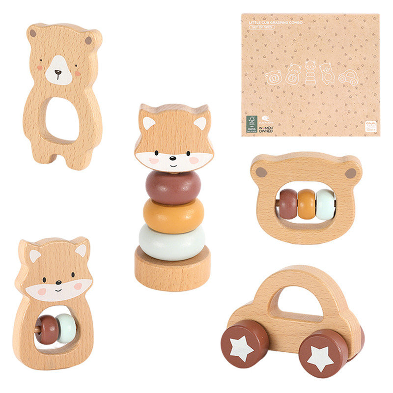 Freniland - Ensemble de hochet en bois pour bébé de 10 ans et plus, ensemble de 5 jouets Fox Koala avec brun