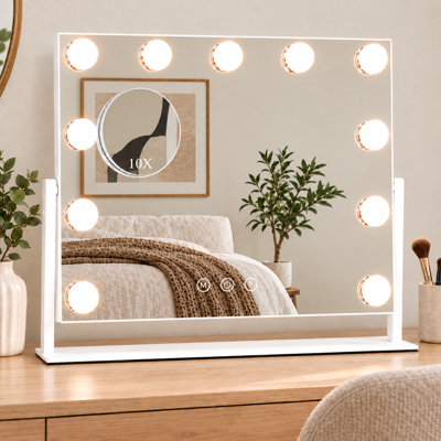 Rectangle LED Bedroom Metal Mirror，Tabletop Dimmable Hollywood Vanity Mirror