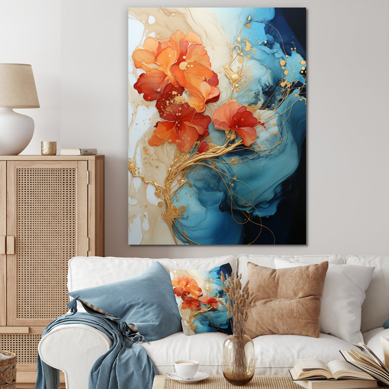 Breelan orange sarcelle abstrait fractal - fractales grand art mural, H 32 po x l 24 po, Toile tendue, Sans cadre