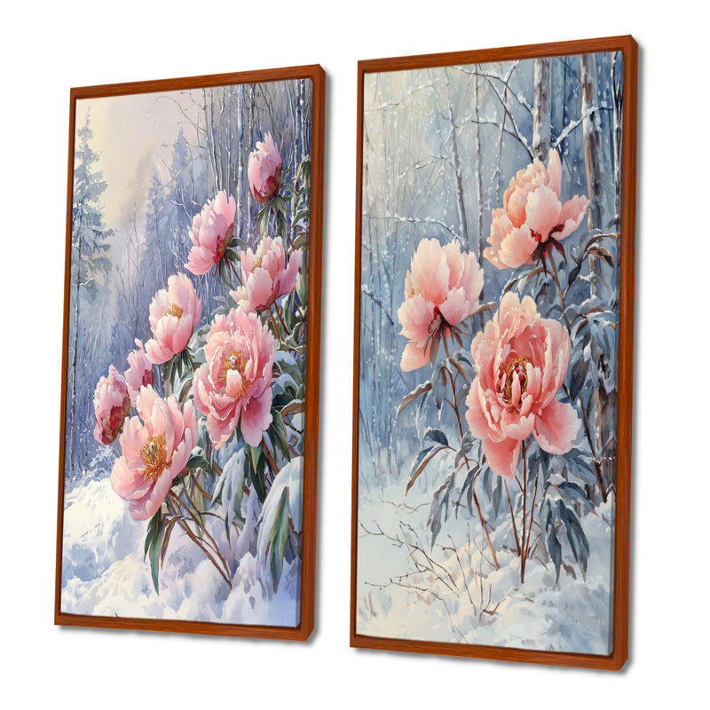 Hiver, pivoines glacées dans la forêt I - Art mural floral, collection 2 panneaux, H 40 po x l 41 po, Cadre flottant brun