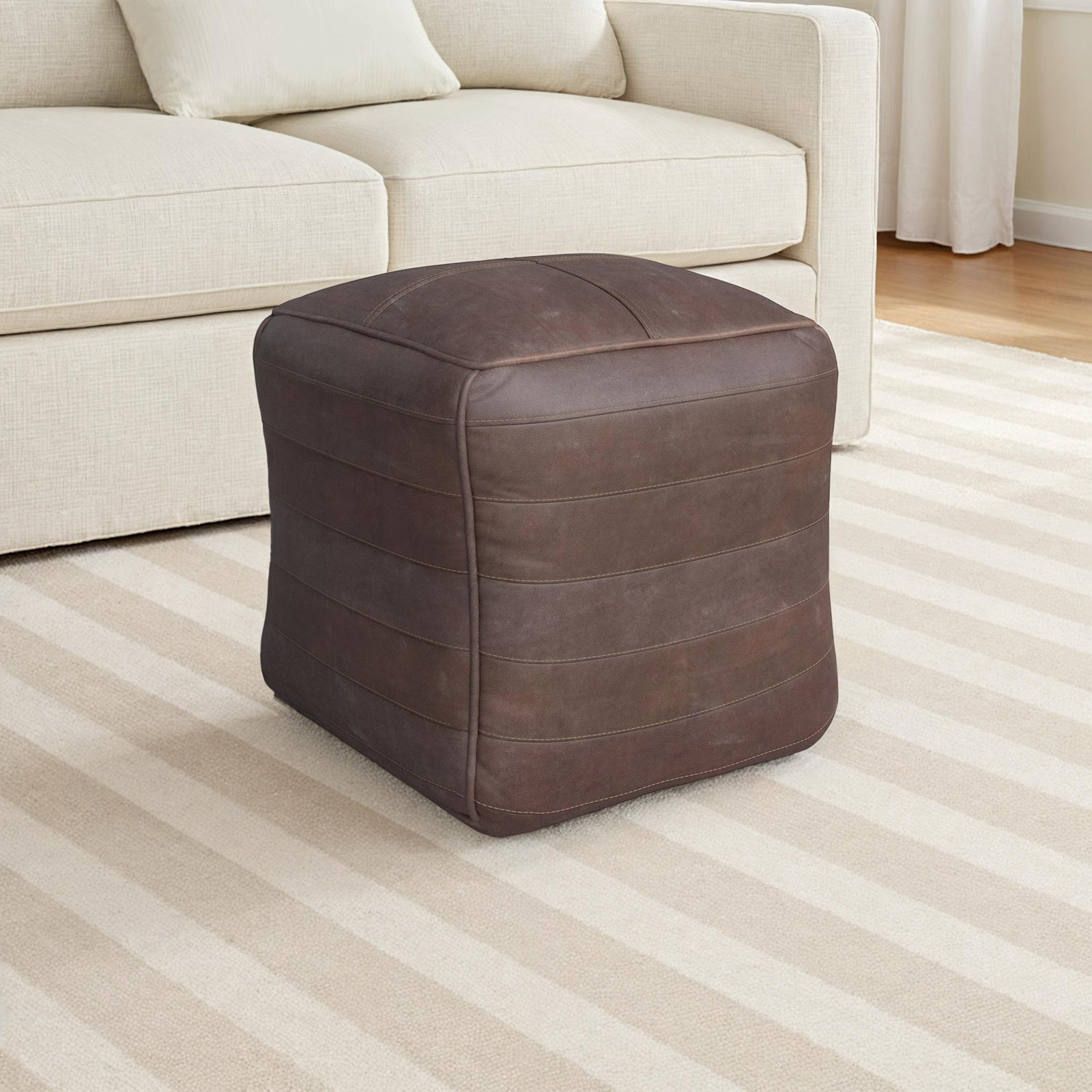 Shari Leather Pouf, Dark Brown Genuine Leather