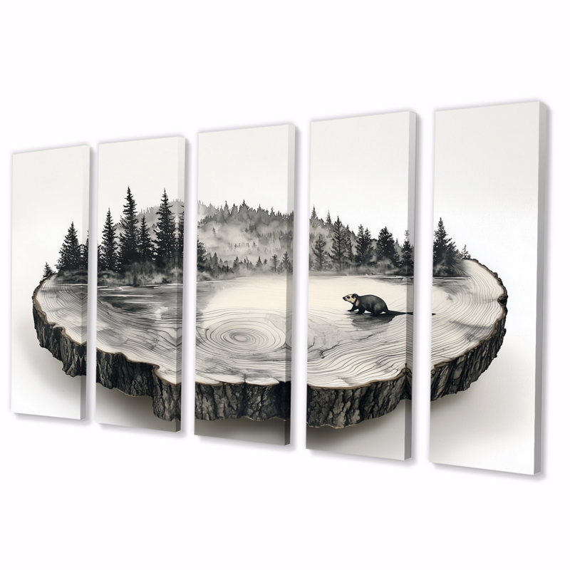 «Beaver In Pine», diapositive en bois monochrome I - ensemble d'art mural Beaver, H 28 po x l 60 po, 5