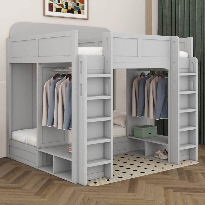 Kids Triple Bunk Bed With Storage Shelves And Hooks, Wooden Triple Bunk Bed, Twin +Twin Over Twin XL, Gray
