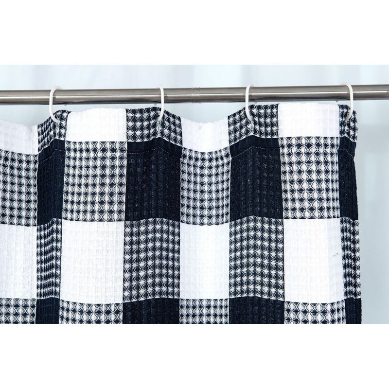 Navy Blue Cotton Checkered Shower Curtain with Liner, 70" x 72"