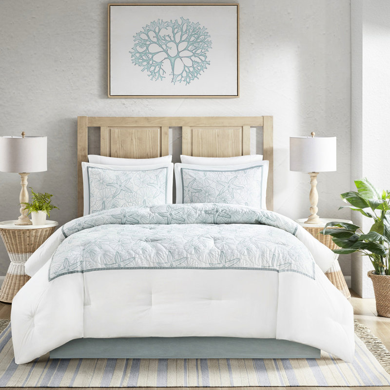 Édredon double - Jupe de lit brodée en coton et sable blanc et 2 taies décoratives 100% rembourrage thème plage