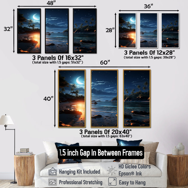 Mystic Tropical Beach Moonlight I - Art mural plage, Cadre flottant brun, H 28 po x l 36 po x P 1 po