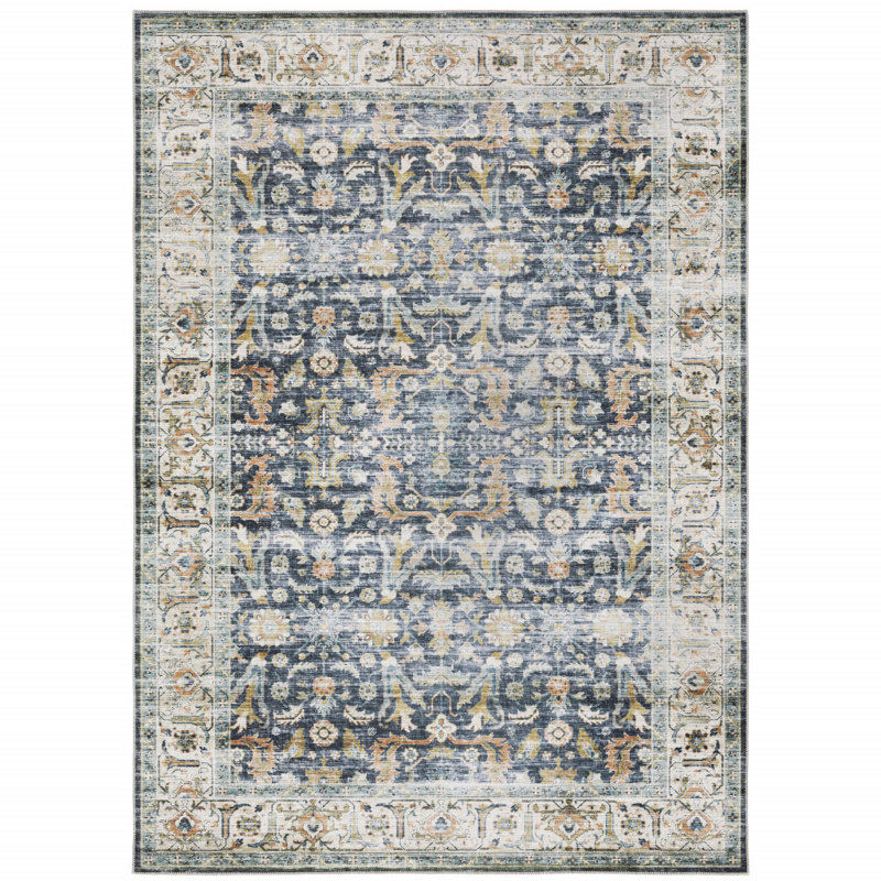 Tapis décoratif antidérapant bleu / doré Annegrethe, Rectangle 3 pi 6 po x 5 pi 6 po