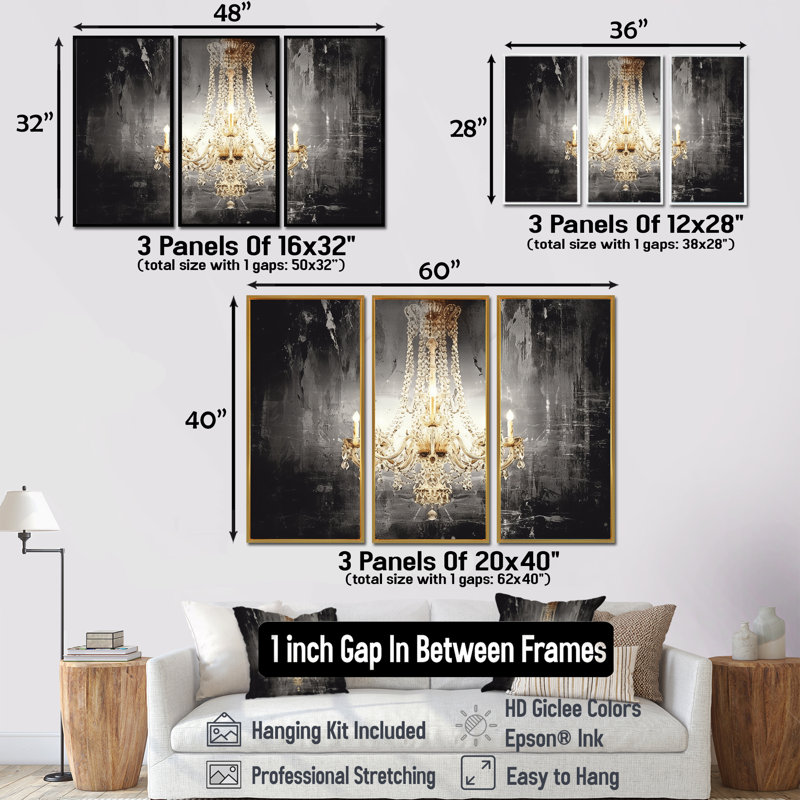 Robicheaux - Ensemble d'impressions murales lustre Glam, H 28 po x l 36 po x P 1 po, Encadrement argenté