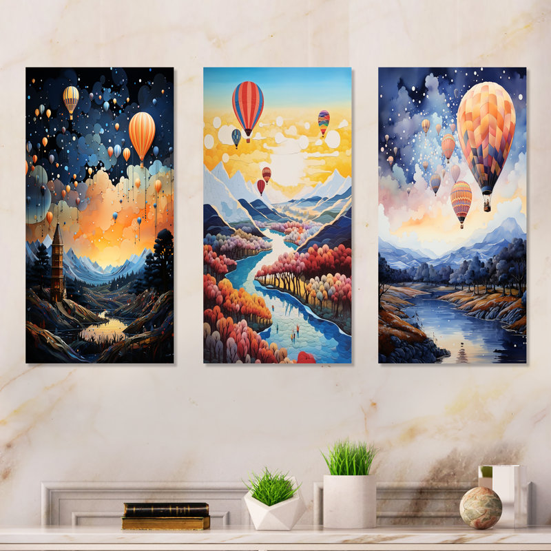 «High Flying Fantasy Hot Air Balloon Adventure», ensemble d'art mural sur toile en montgolfière, Toile tendue