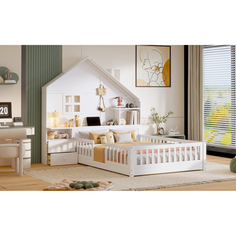 Lit double blanc avec fenêtre, rangement de chevet, étagère et charge pour une chambre à coucher de style esthétique sécuritaire, tiroirs, solution de tablette pour une installation confortable