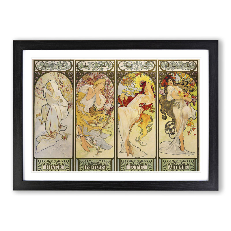 The Four Seasons by Alphonse Mucha - Picture Frame Painting on MDF, Black, 27cm H x 36cm W x 2cm D