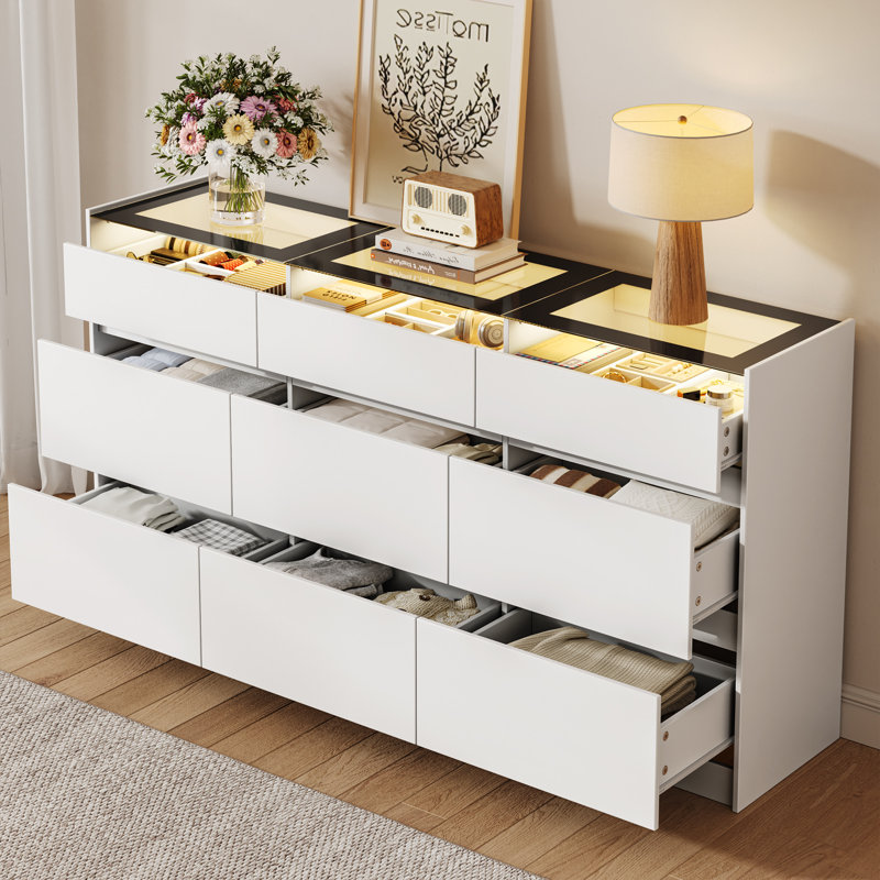White 9 Drawer Dresser with LED Lights, Glass Top Bedroom Storage Dresser, White