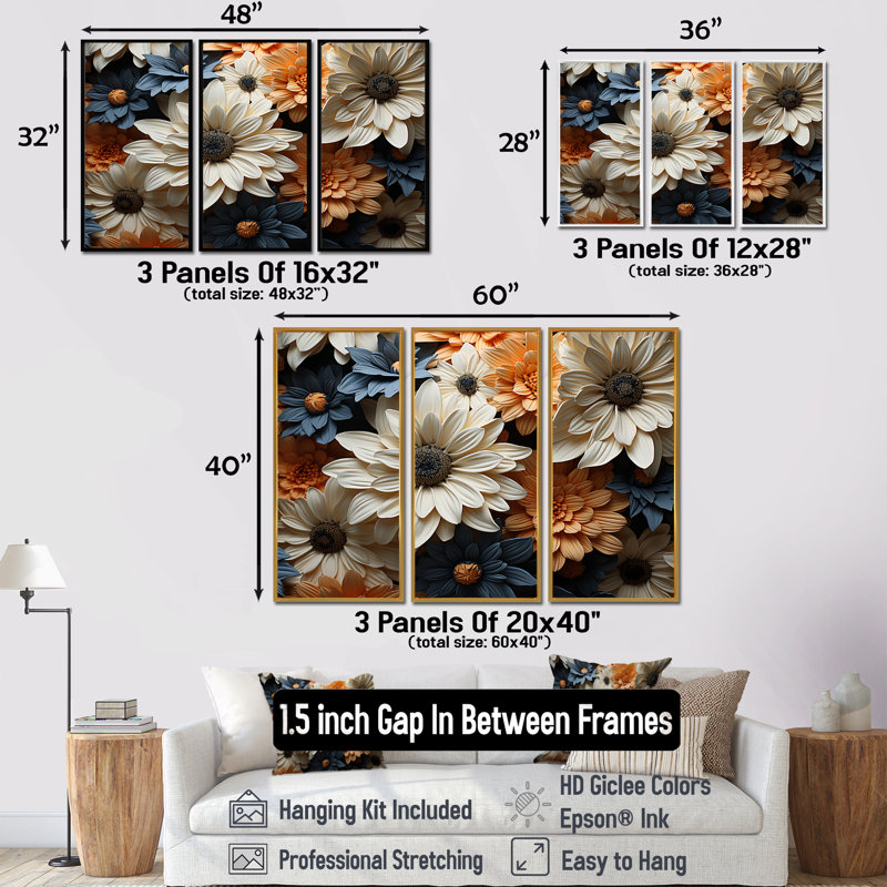 «White and Orange Daisy Florescence Radiance» - ensemble d'art mural marguerites, H 28 po x l 36 po x P 1 po