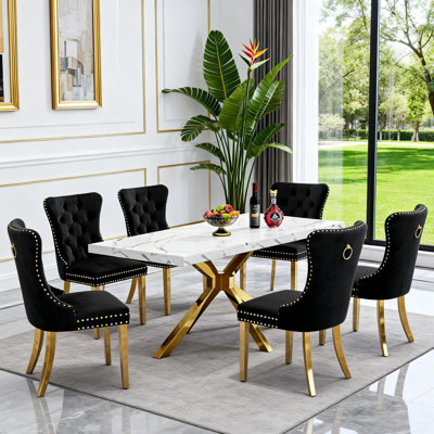7 Piece Dining Table Set for 6, Modern 70" Faux Marble Dining Room Table with 6 Velvet Dining Chairs,Gold Stainless Steel Legs