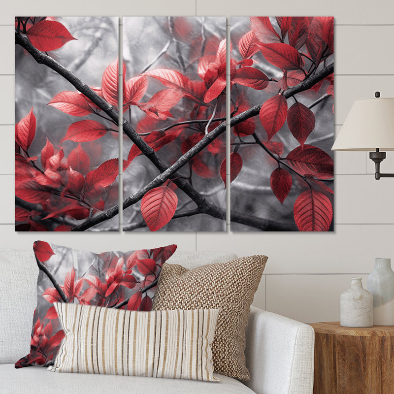 «Red Grey Leaves On Tree III» sur toile, reproduction de 3 pièces, H 40 po x l 60 po x P 1 po