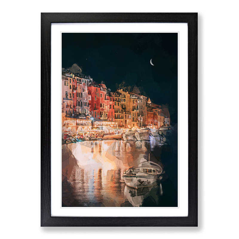 Boat in an Italian Port in Abstract - Picture Frame Painting Print, 48cm H x 36cm W x 2cm D, Black Framed