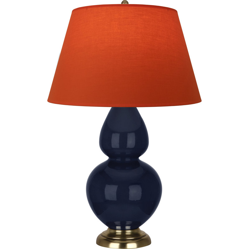 Lampe de table double gourde en céramique, Bleu minuit verni / laiton, Tangerine / doublure taupe, Laiton