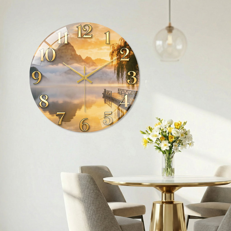 "Mountain Lake", horloge murale en verre, 60 x 60 cm (23,6 x 23,6 pouces)