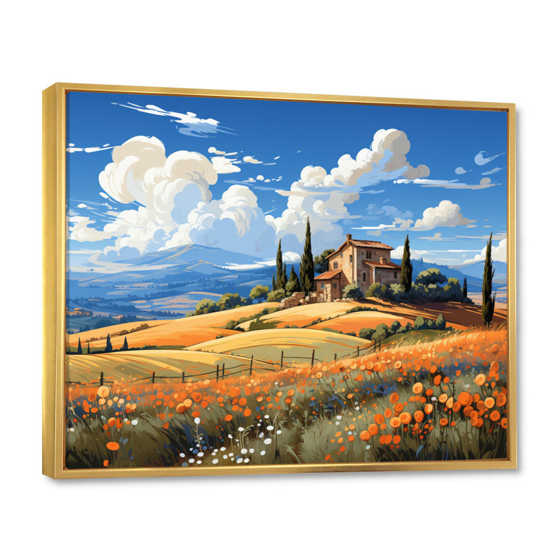Italie, campagne toscane, reproduction sur toile, Cadre flottant doré, H 30 po x l 40 po x P 1,5 po