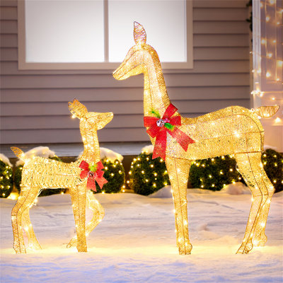 2 Packs Reindeer Christmas Decoration, 210 LED Lighted Christmas Outdoor Decorations, Xmas Deer Yard Lights Decor for Yard Garden Lawn, Golden Reindeer Family