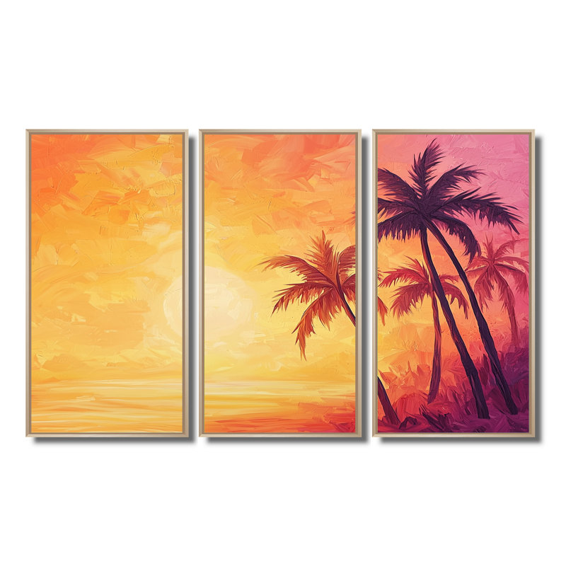 Sunset Oasis Palm Trees II - Ensemble de décoration murale Palmiers, H 32 po x l 48 po, Reproduction avec cadre flottant