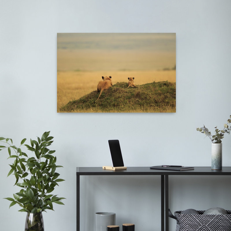 African Lioness And Cub Peaceful Abstract Contemporary Cat Lion Landscape Nature Wall Art Print by Massimo Mei - Wrapped Canvas Print