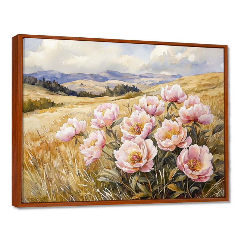 Art de grandes montagnes pivoines de montagne III - pivoines, H 30 po x l 40 po, Cadre flottant, Brun
