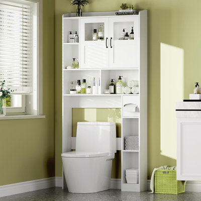 Over The Toilet Storage Cabinet with Adjustable Shelves, Tempered Glass Door, Open Shelving
