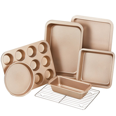 Baking Pans Sets, Nonstick Bakeware Set 7-Piece with Round/Square Cake Pan, Loaf Pan, Muffin Pan, Cookie Sheet, Roast Pan, Cooling Rack & Silicone Oven Mitts, Carbon Steel Bake Set,Gold