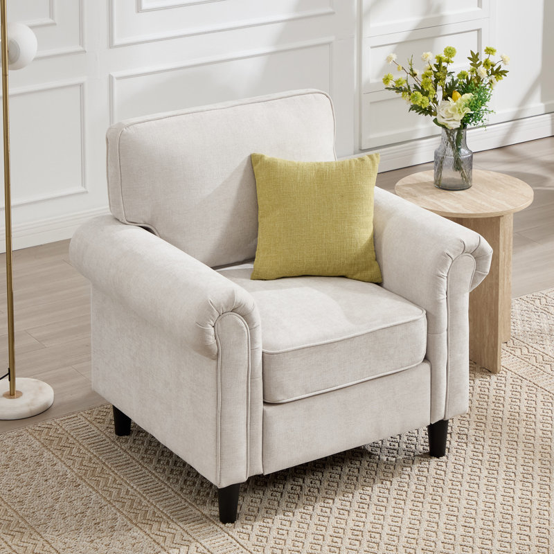 Fauteuil d'appoint rembourré à accoudoirs roulés Luelle, Chenille beige