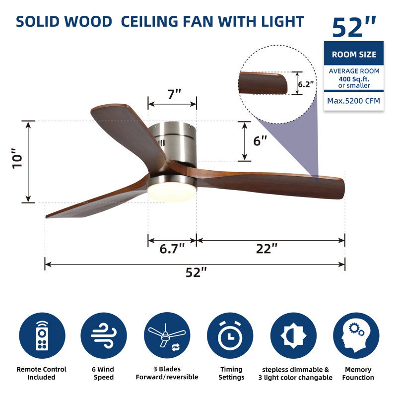 52 po Ventilateur de plafond intérieur en bois à 3 pales avec lumière et télécommande, à intensité variable, moteur à courant continu réversible, fonction mémoire