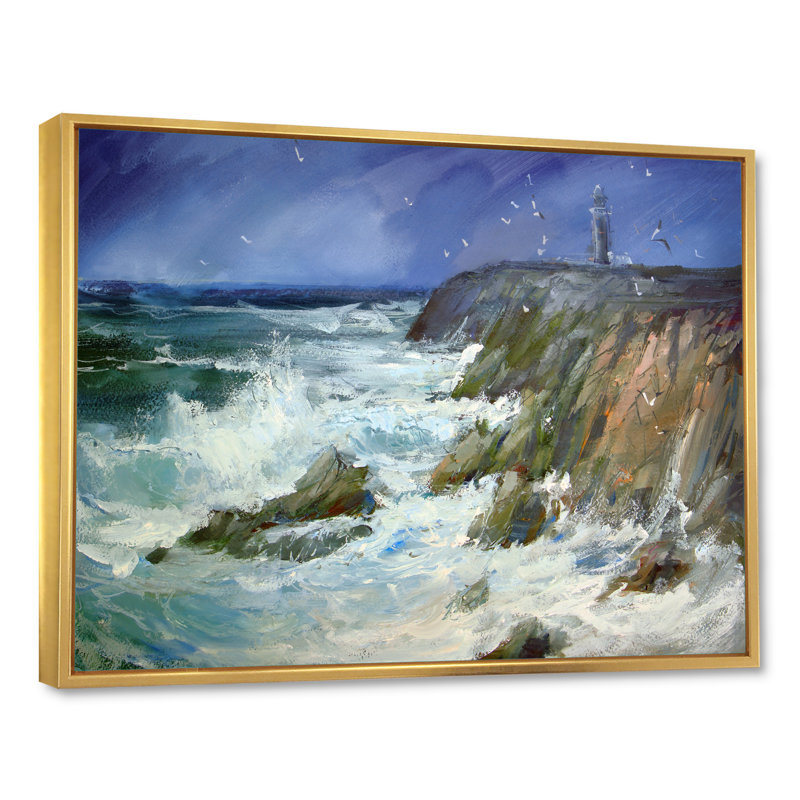 Phare sur les vagues massives - Peinture sur toile, H 8 po x l 12 po x P 1 po, Cadre flottant doré