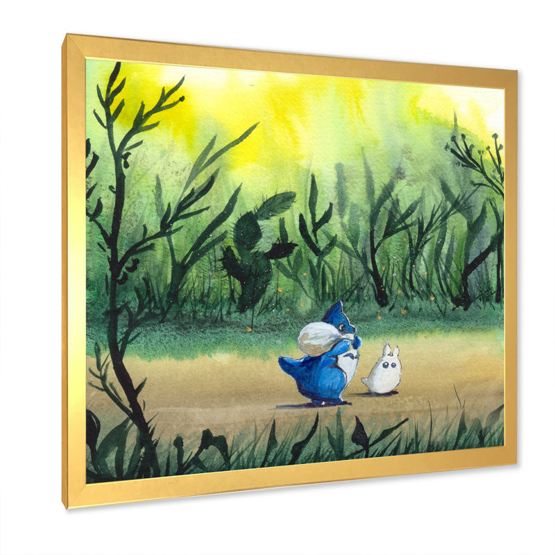 Caricature de personnages dans la forêt - reproduction d'art sur toile traditionnelle, H 16 po x l 16 po, Cadre doré