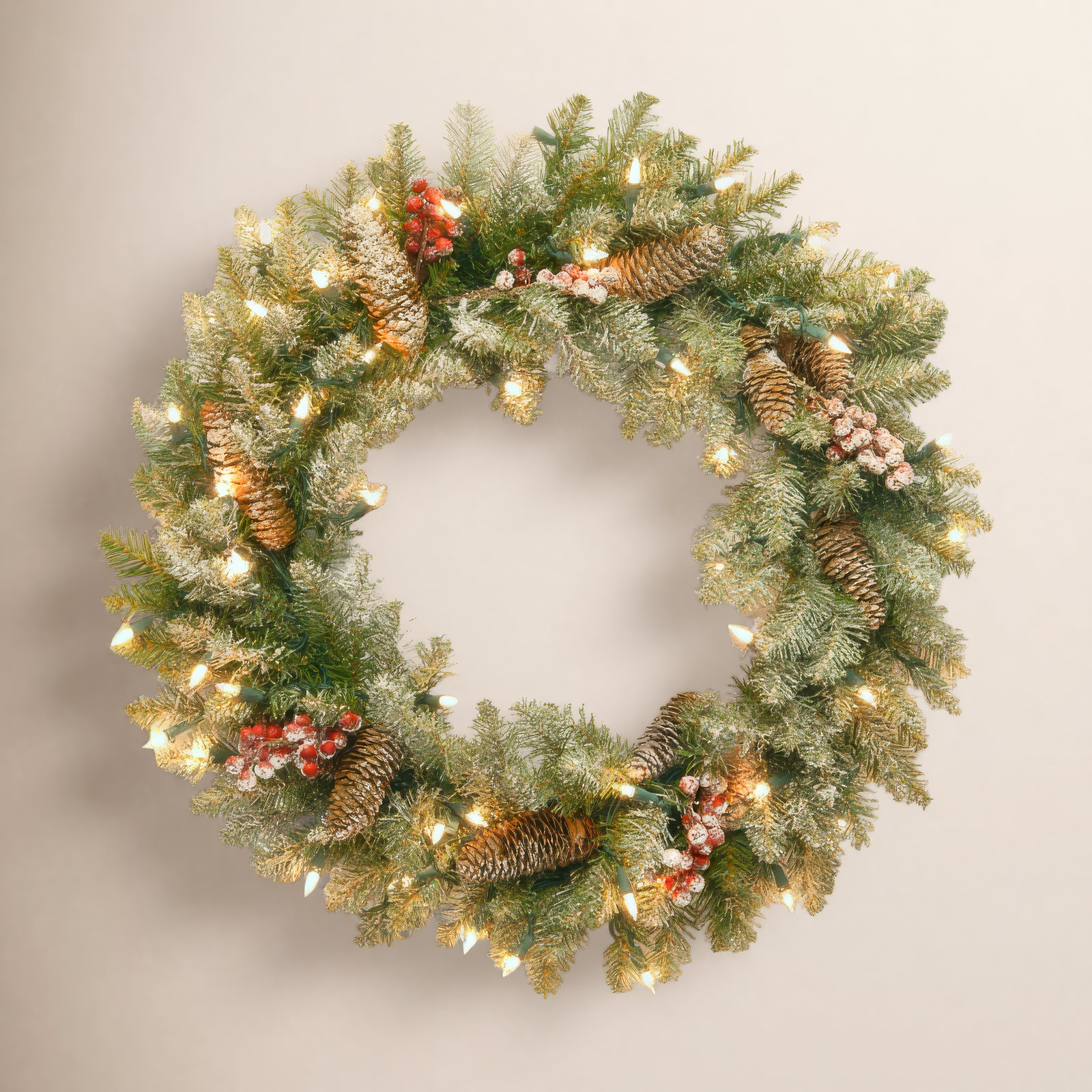 Frosted Pre-Lit Pinecone Christmas Wreath, 24" H x 24" W x 6" D / 160 Branch Tips