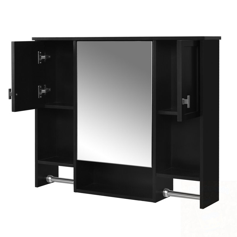 Armoire de rangement murale avec miroir et barre à serviettes, Noir