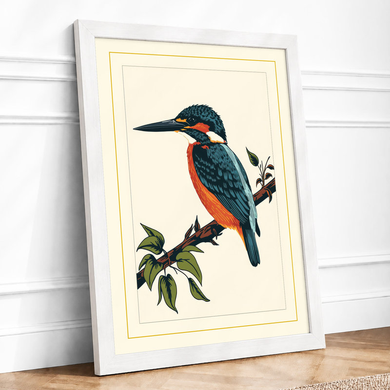 Kingfisher On Branch Botanical - Print, A4 - 29.7 x 21.0 cm, White