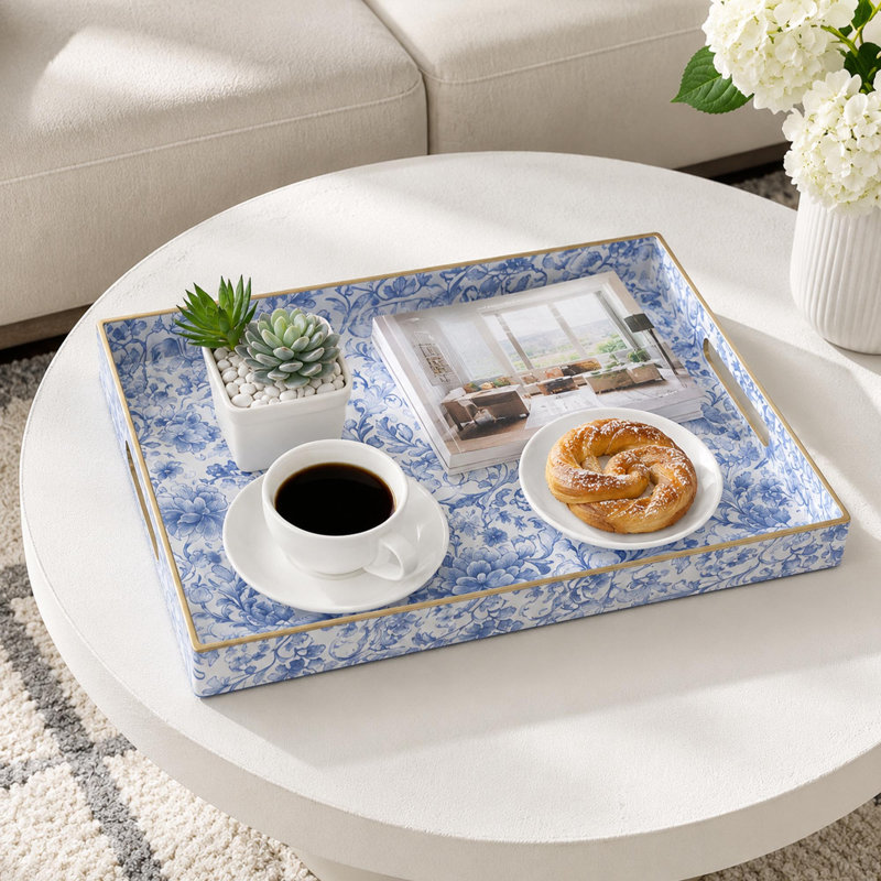 Blue White Peony Decorative Serving Tray with Handles, Rectangular Polypropylene Tray for Home Decor