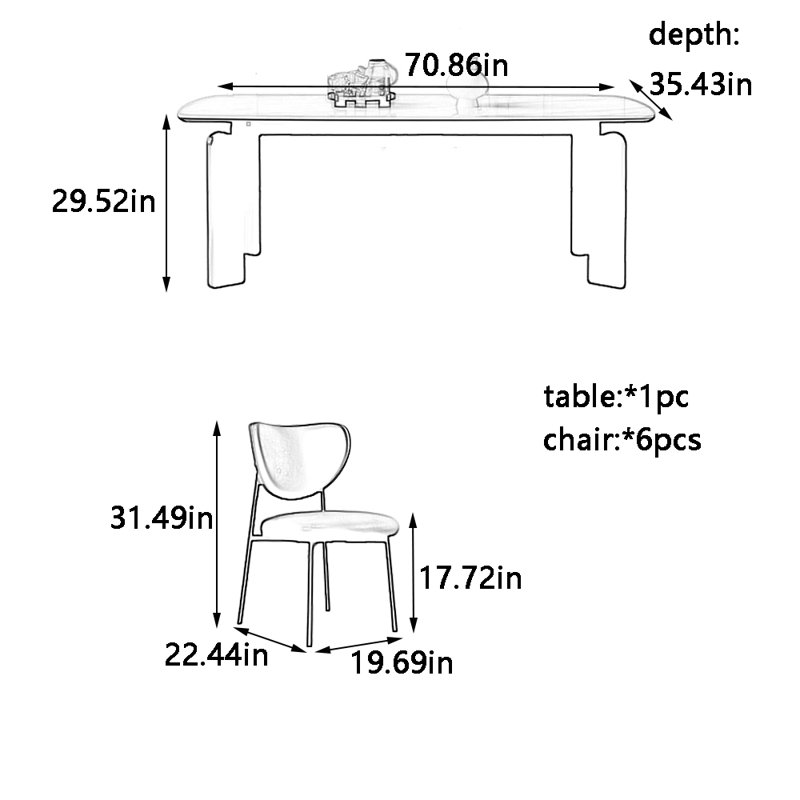 Simple rock board dining table and chair set, 29.52"H x 70.86"L x 35.43"W