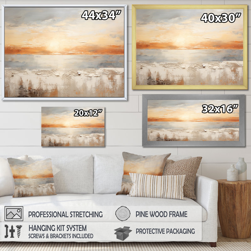 Beige et plage dorée coucher de soleil horizon I - décoration murale plage et océan, Cadre flottant blanc, H 24 po x l 32 po
