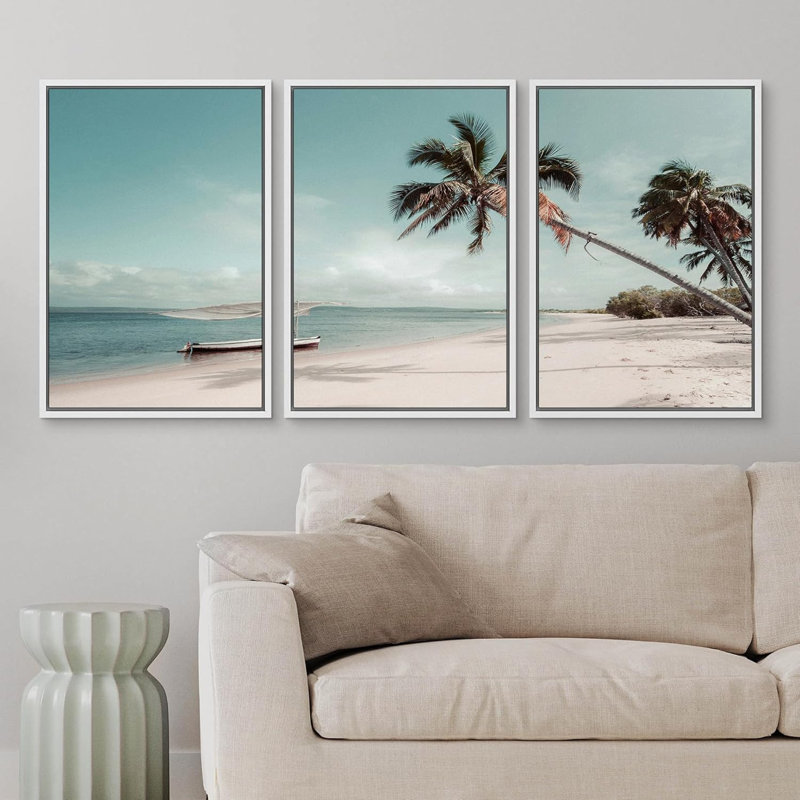 Plage tropicale avec palmiers, paysage côtier serein, photographie, réalisme, décor panoramique, H 24 po x l 48 po