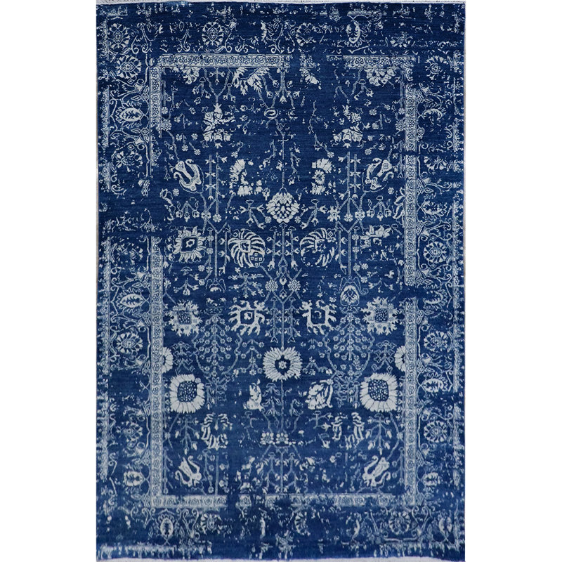 Tapis bleu foncé et argent noué à la main de haute qualité, Rectangle 9 pi x 12 pi