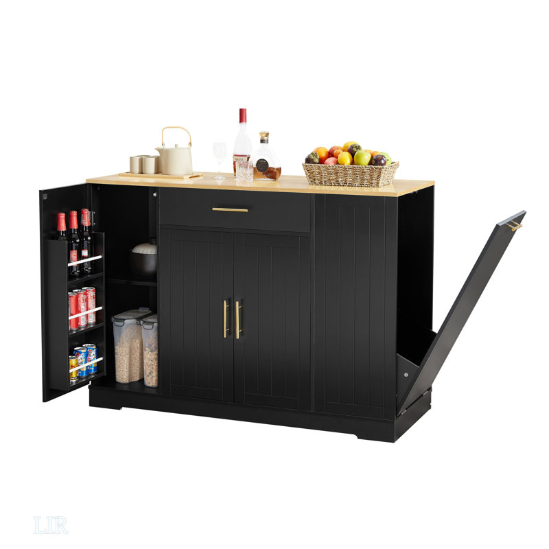 Grand îlot de cuisine avec armoire de rangement pour poubelle, table pour îlot avec tiroir et tablettes réglables, meuble-bar pour poubelle de 13 gallons, îlot de cuisine