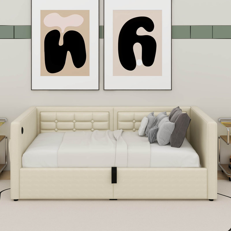 Upholstered Twin Size Daybed, Hydraulic Storage Twin Bed With USB & Type-C Charging, Bed Frame With Tufted Sofa Back, Beige