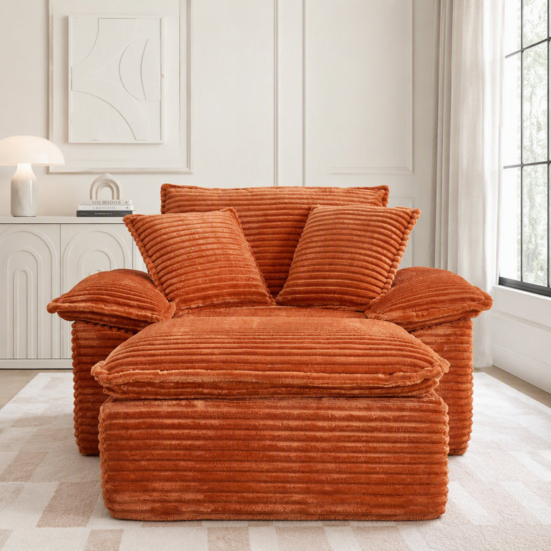 Fauteuil surdimensionné et demi avec repose-pieds, siège profond et assemblage sans outil, Orange Fabric